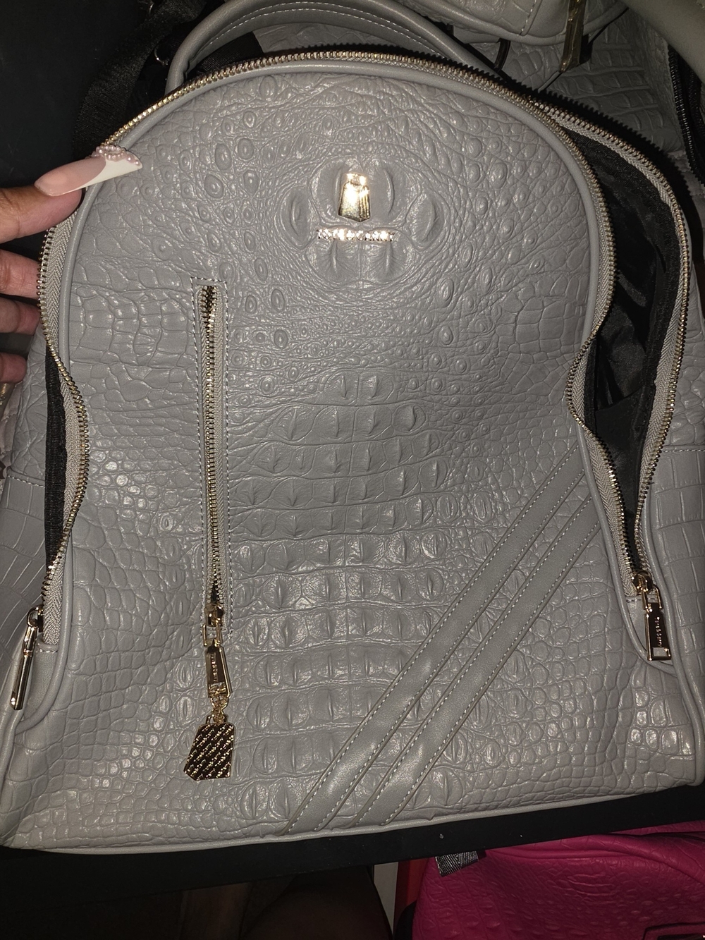 Croc-Embossed Grey Backpack with Gold Accents-Vegan Leather